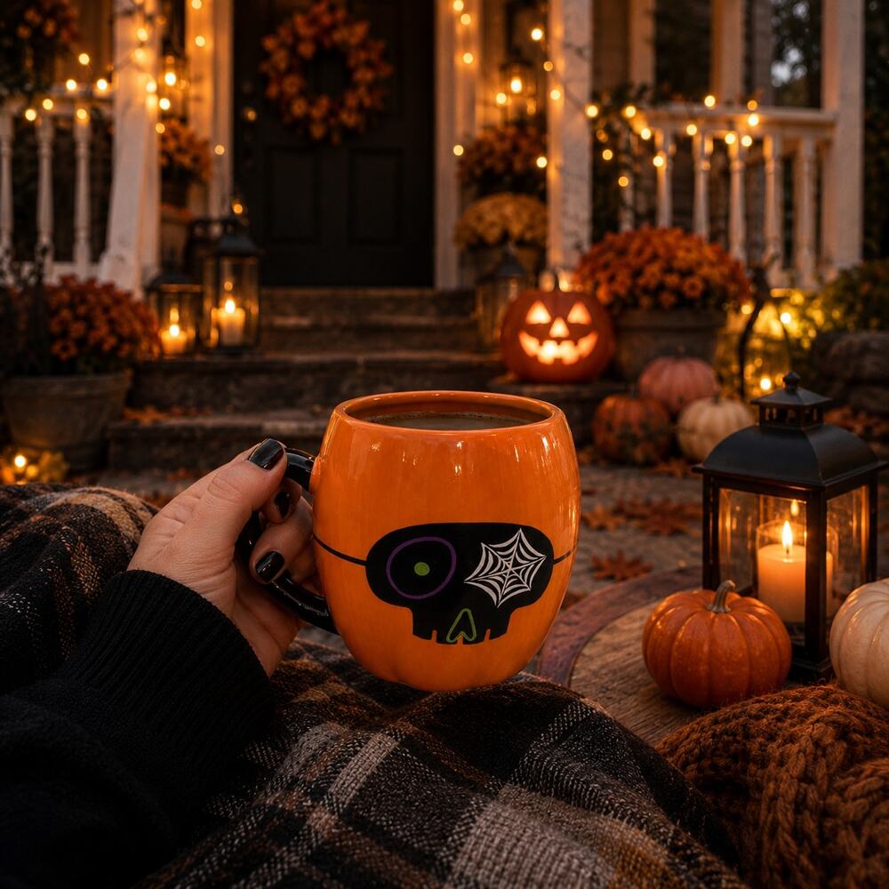 Halloween Orange Boo Skull Mug Black Handle Spiderweb 21 oz Spooky Fall